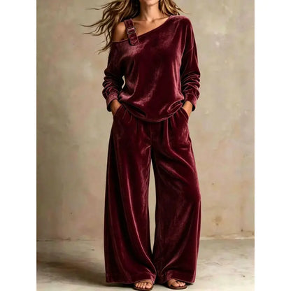Women's Velvet One-Shoulder Top & Pants Two-Piece Set – Casual Fall Winter Lounge Outfit