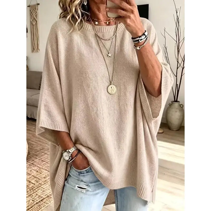 Women's Loose Fit Crew Neck Knit Sweater – Lightweight Solid Color Casual Top