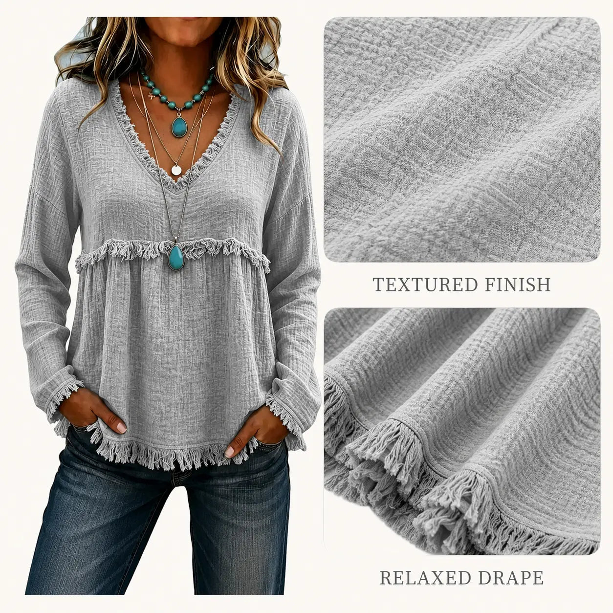 Women’s Boho V Neck Long Sleeve Fringe Top Plus Size S-3XL