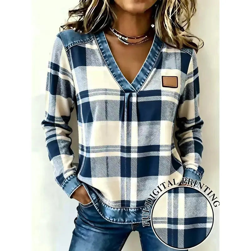 Colorblock Plaid V-Neck Long Sleeve Top — Faux Denim Patchwork Print, S–6XL