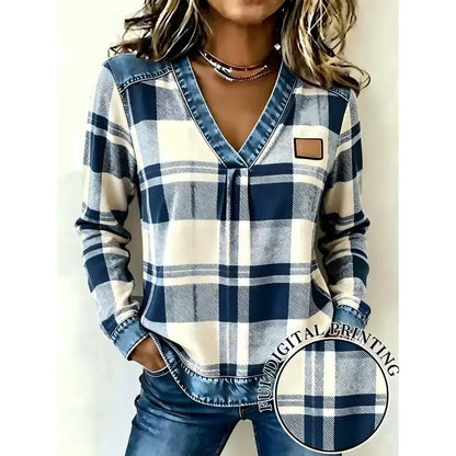 Colorblock Plaid V-Neck Long Sleeve Top — Faux Denim Patchwork Print, S–6XL