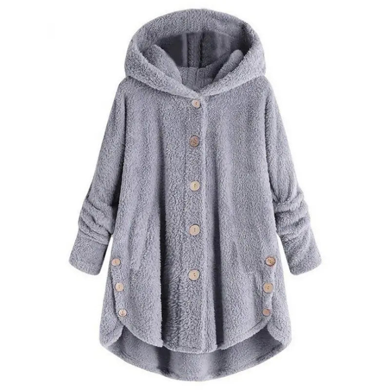 Women's Plush Round Neck Winter Coat – Thick Warm Button-Front Jacket with Asymmetric Hem