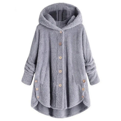 Women's Plush Round Neck Winter Coat – Thick Warm Button-Front Jacket with Asymmetric Hem