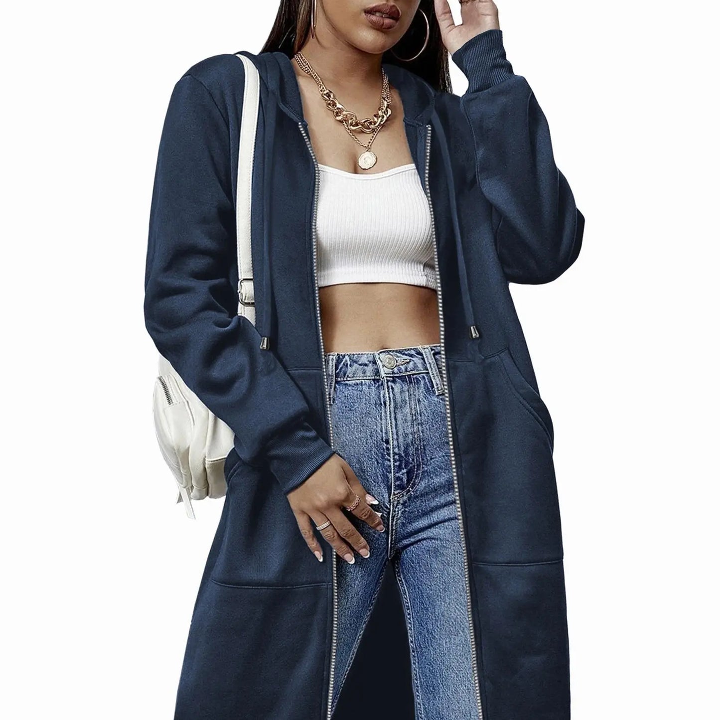 Women's Long Fleece Hoodie Tunic Jacket