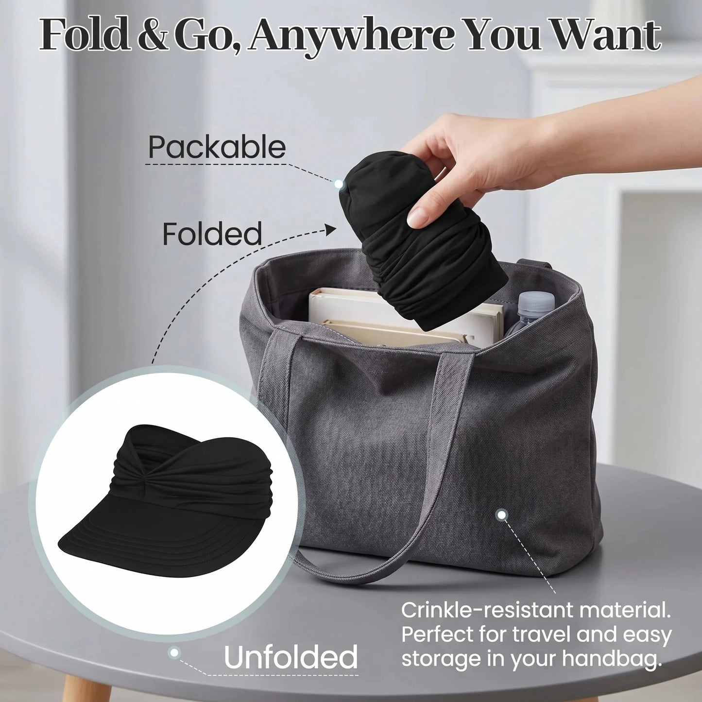 UPF-50 Sun Visor Ponytail Hat Wide Brim Breathable Foldable