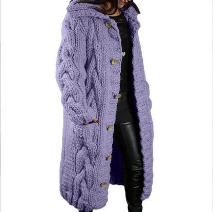 Women's Oversized Cable Knit Hooded Long Cardigan – Button-Front Sweater Coat, Plus Size S–5XL