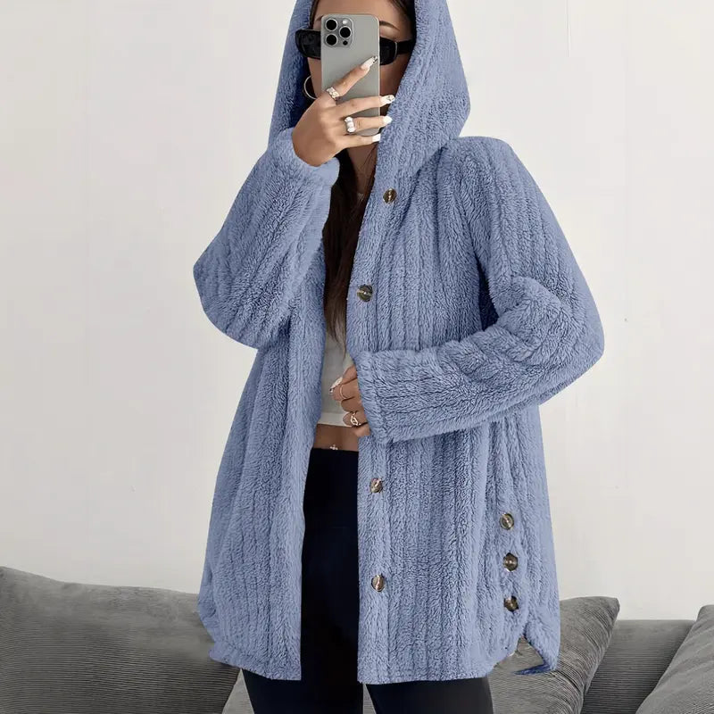 Women's Hooded Teddy Fleece Cardigan Jacket – Mid-Length Plush Coat with Button Front & Side Slits, Relaxed Fit Fall/Winter Outerwear
