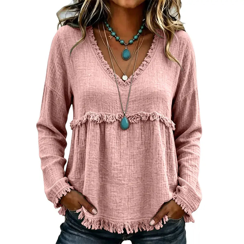 Women’s Boho V Neck Long Sleeve Fringe Top Plus Size S-3XL