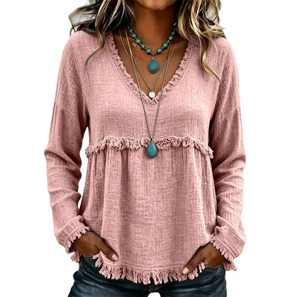 Women’s Boho V Neck Long Sleeve Fringe Top Plus Size S-3XL