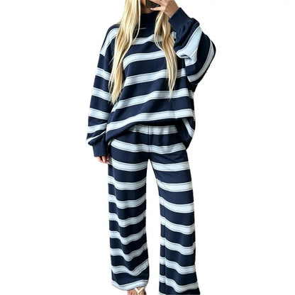 Women's Striped 2 Piece Set – Oversized Mock Neck Top & Wide Leg Pants
