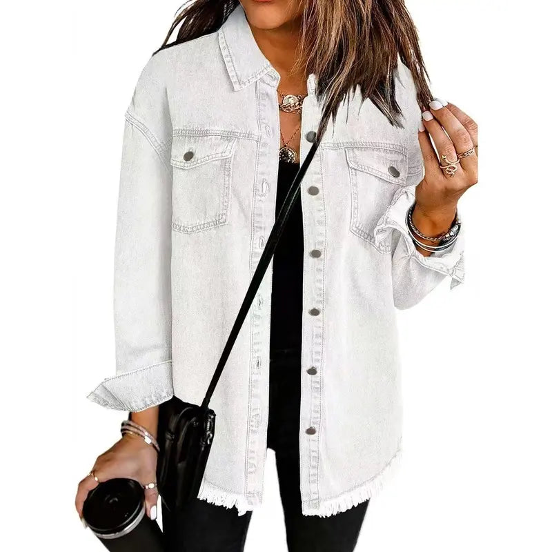 Washed Denim Shirt Jacket — Oversized Frayed-Hem Denim Overshirt