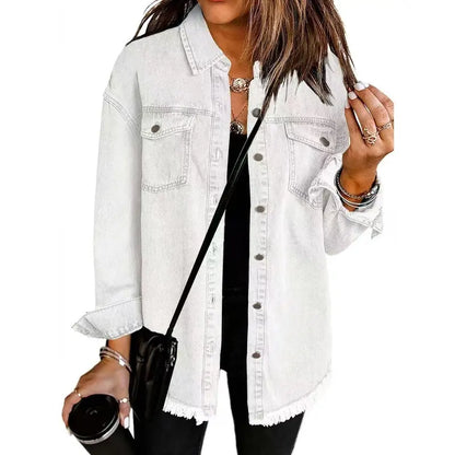 Washed Denim Shirt Jacket — Oversized Frayed-Hem Denim Overshirt