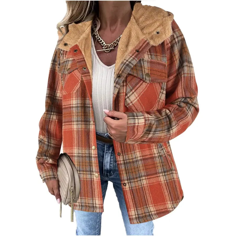 Women's Plaid Shacket Jacket - Hooded & Warm