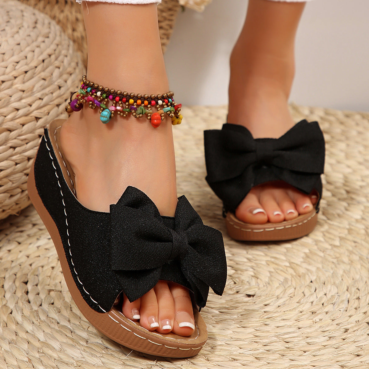 Women’s Liora Bow Flower Platform Wedge Slide Sandals – Peep-Toe Wide Strap Summer Slides