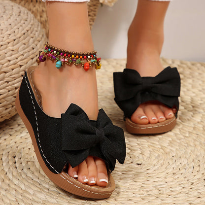 Women’s Liora Bow Flower Platform Wedge Slide Sandals – Peep-Toe Wide Strap Summer Slides