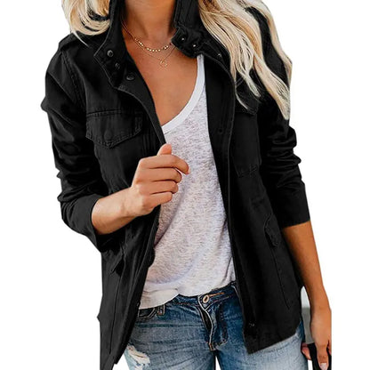 Women's Cotton Military Jacket, Lightweight Utility Field Coat with Four Flap Pockets, Hidden Zip and Adjustable Waist Drawstring, XS-XXL