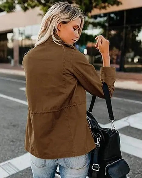 Women's Cotton Military Jacket, Lightweight Utility Field Coat with Four Flap Pockets, Hidden Zip and Adjustable Waist Drawstring, XS-XXL