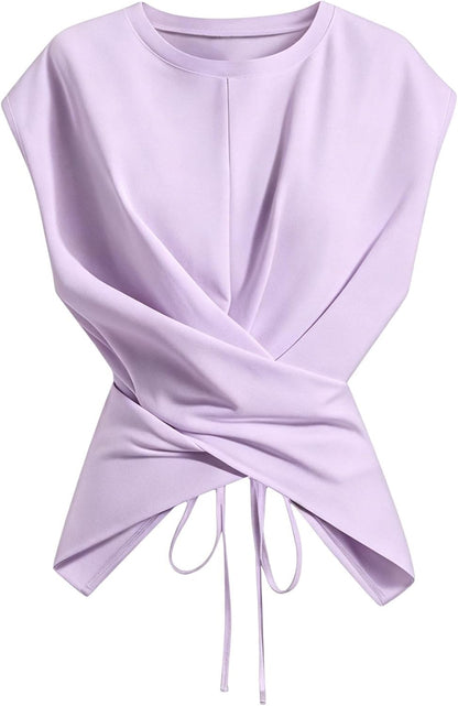 Cinched Wrap Top — Cap Sleeve Tie-Back Blouse