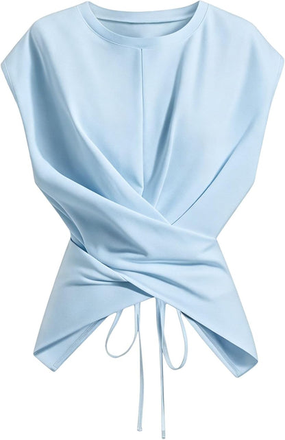 Cinched Wrap Top — Cap Sleeve Tie-Back Blouse