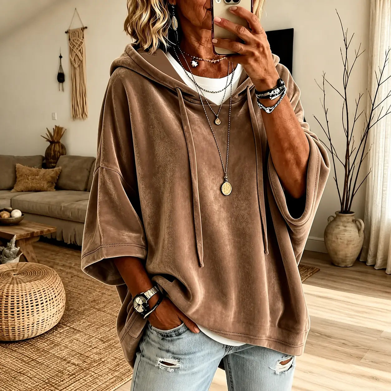 Women’s Minimalist Velour Hoodie, Loose Fit 3/4 Sleeves Hood