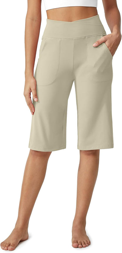 Women's Bermuda Shorts 14" Knee Length Wide Leg Yoga Capris