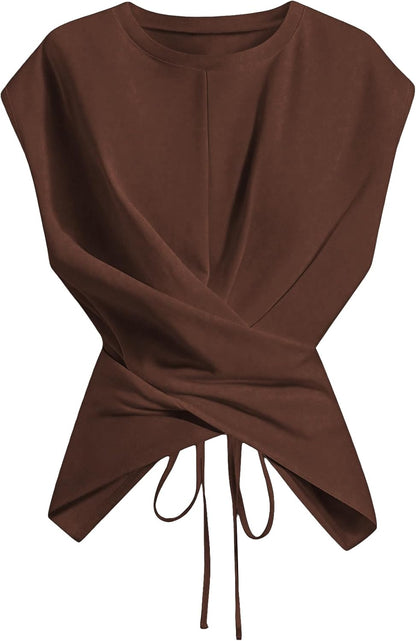 Cinched Wrap Top — Cap Sleeve Tie-Back Blouse