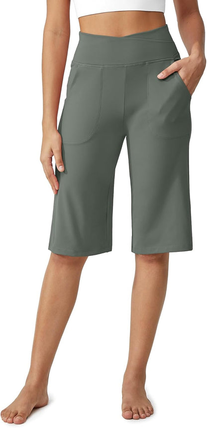 Women's Bermuda Shorts 14" Knee Length Wide Leg Yoga Capris