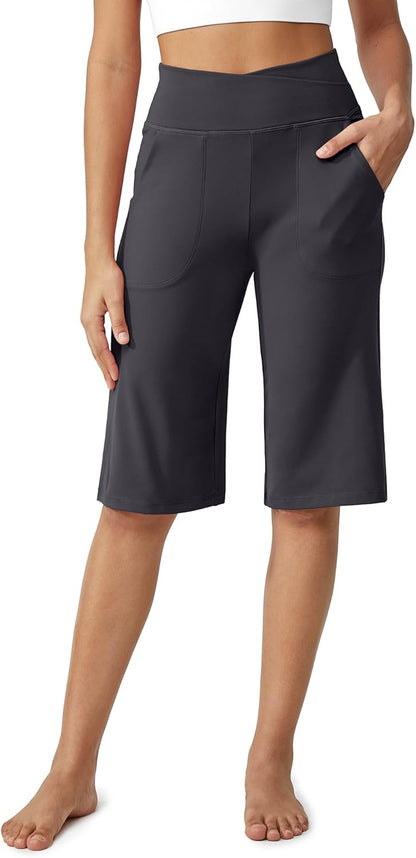 Women's Bermuda Shorts 14" Knee Length Wide Leg Yoga Capris