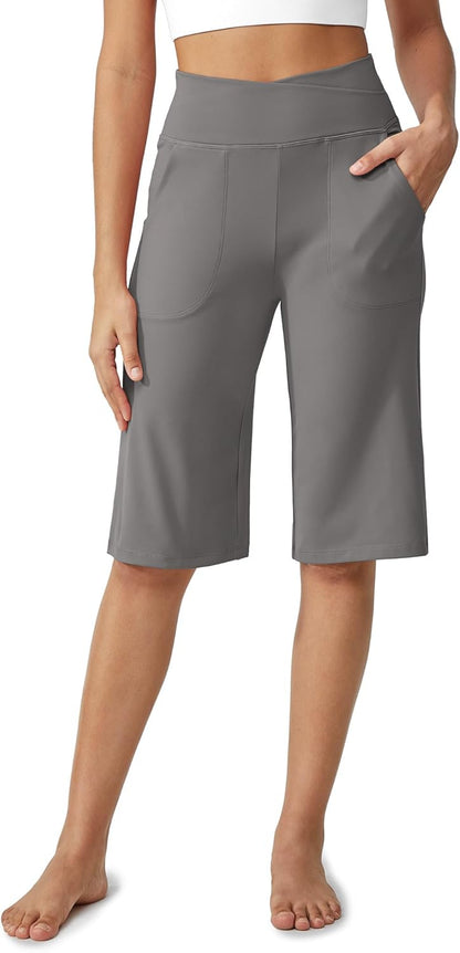 Women's Bermuda Shorts 14" Knee Length Wide Leg Yoga Capris