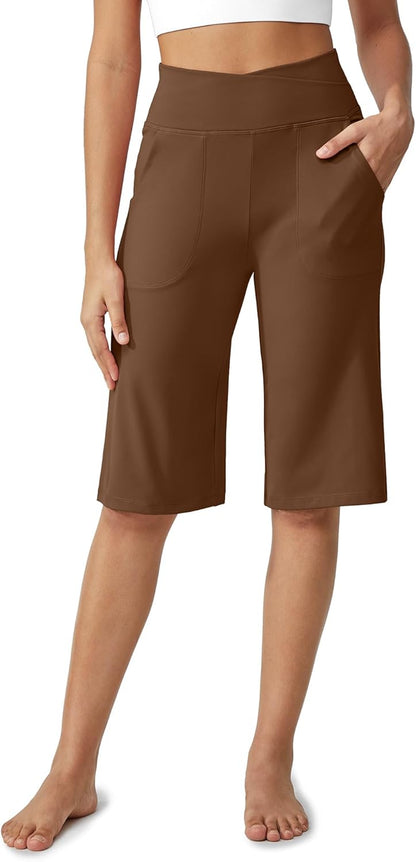 Women's Bermuda Shorts 14" Knee Length Wide Leg Yoga Capris