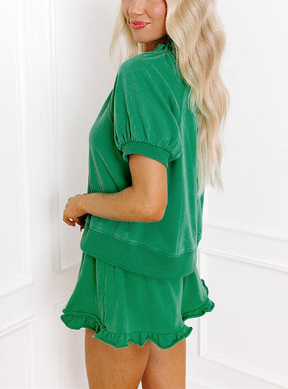 🔥Women's Casual Puff Sleeve Top and Ruffle Shorts Set（Buy 2 Free Shipping）