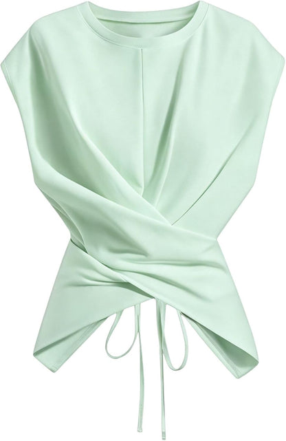 Cinched Wrap Top — Cap Sleeve Tie-Back Blouse