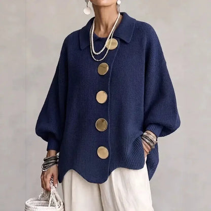 Women's French Lapel Knit Cardigan – Loose Sweater Coat with Big Metal Buttons & Lantern Sleeves