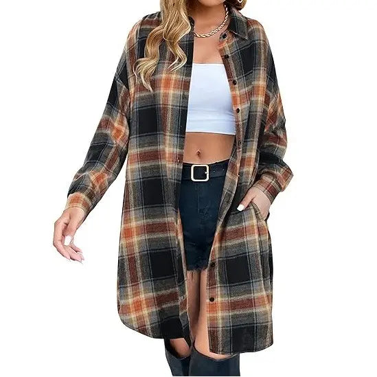 Women's Plaid Flannel Shacket — Button-Down Collared Long Jacket