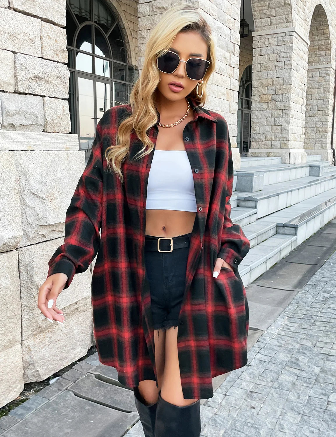 Women's Plaid Flannel Shacket — Button-Down Collared Long Jacket