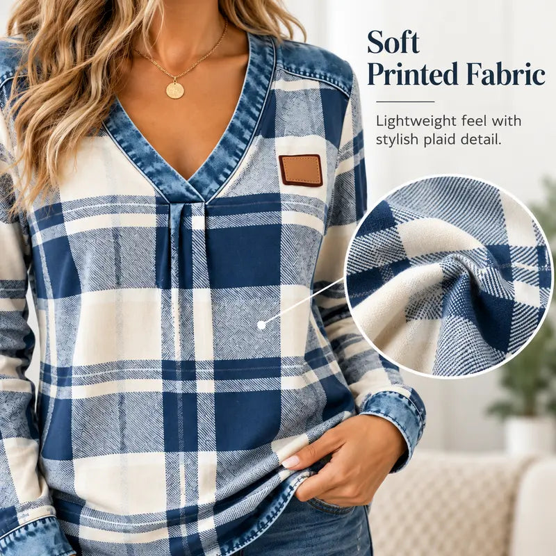 Colorblock Plaid V-Neck Long Sleeve Top — Faux Denim Patchwork Print, S–6XL