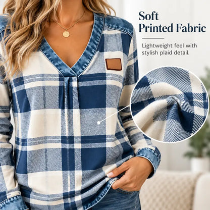 Colorblock Plaid V-Neck Long Sleeve Top — Faux Denim Patchwork Print, S–6XL
