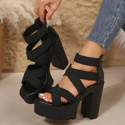 Black Chunky Heel Sandals With Strappy Design