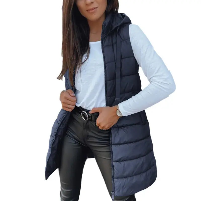 Women Long Puffer Vest Solid Color Sleeveless Hooded Winter Outwear