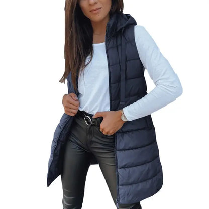 Women Long Puffer Vest Solid Color Sleeveless Hooded Winter Outwear