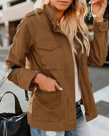 Women's Cotton Military Jacket, Lightweight Utility Field Coat with Four Flap Pockets, Hidden Zip and Adjustable Waist Drawstring, XS-XXL