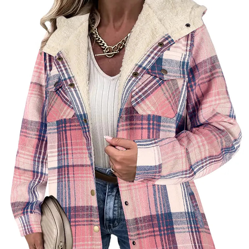 Women's Plaid Shacket Jacket - Hooded & Warm