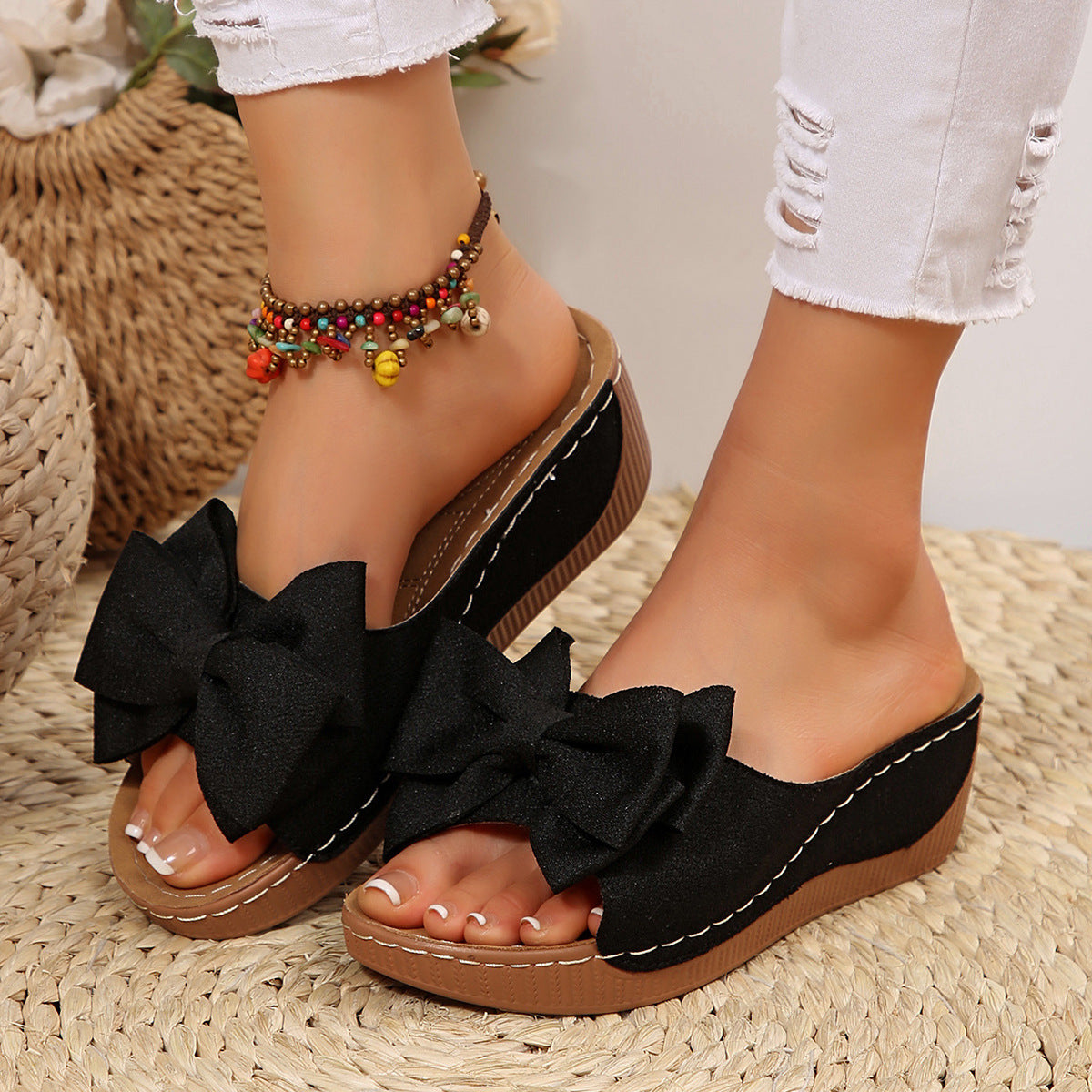 Women’s Liora Bow Flower Platform Wedge Slide Sandals – Peep-Toe Wide Strap Summer Slides