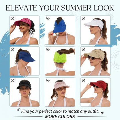 UPF-50 Sun Visor Ponytail Hat Wide Brim Breathable Foldable