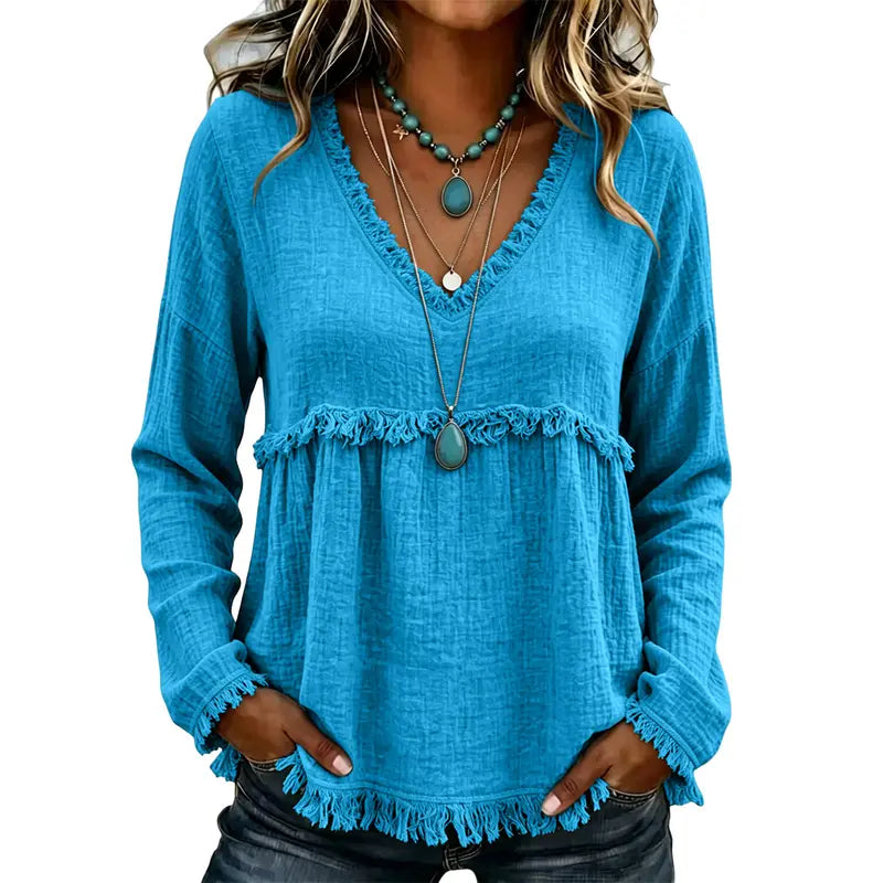 Women’s Boho V Neck Long Sleeve Fringe Top Plus Size S-3XL