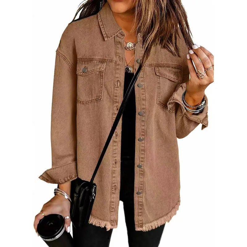 Washed Denim Shirt Jacket — Oversized Frayed-Hem Denim Overshirt
