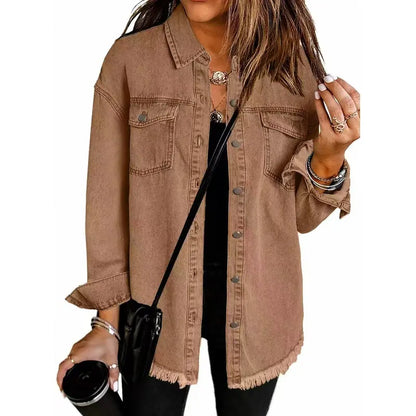 Washed Denim Shirt Jacket — Oversized Frayed-Hem Denim Overshirt