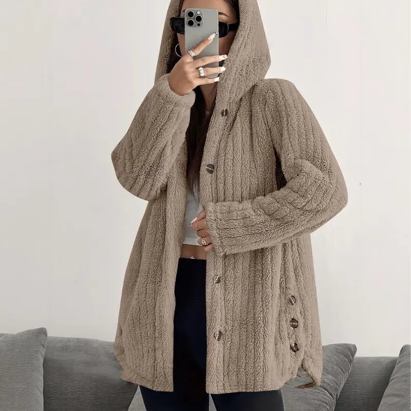 Women's Hooded Teddy Fleece Cardigan Jacket – Mid-Length Plush Coat with Button Front & Side Slits, Relaxed Fit Fall/Winter Outerwear