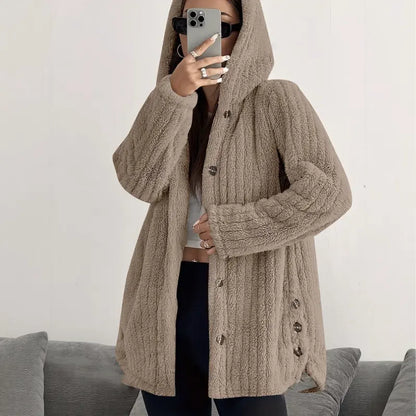 Women's Hooded Teddy Fleece Cardigan Jacket – Mid-Length Plush Coat with Button Front & Side Slits, Relaxed Fit Fall/Winter Outerwear