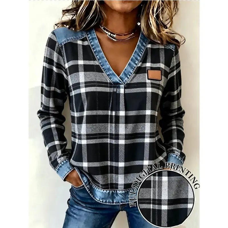 Colorblock Plaid V-Neck Long Sleeve Top — Faux Denim Patchwork Print, S–6XL